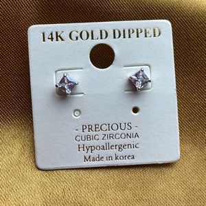 14k White Gold Dipped CZ Hypoallergenic Stud Princess Cut Diamond Earring Set